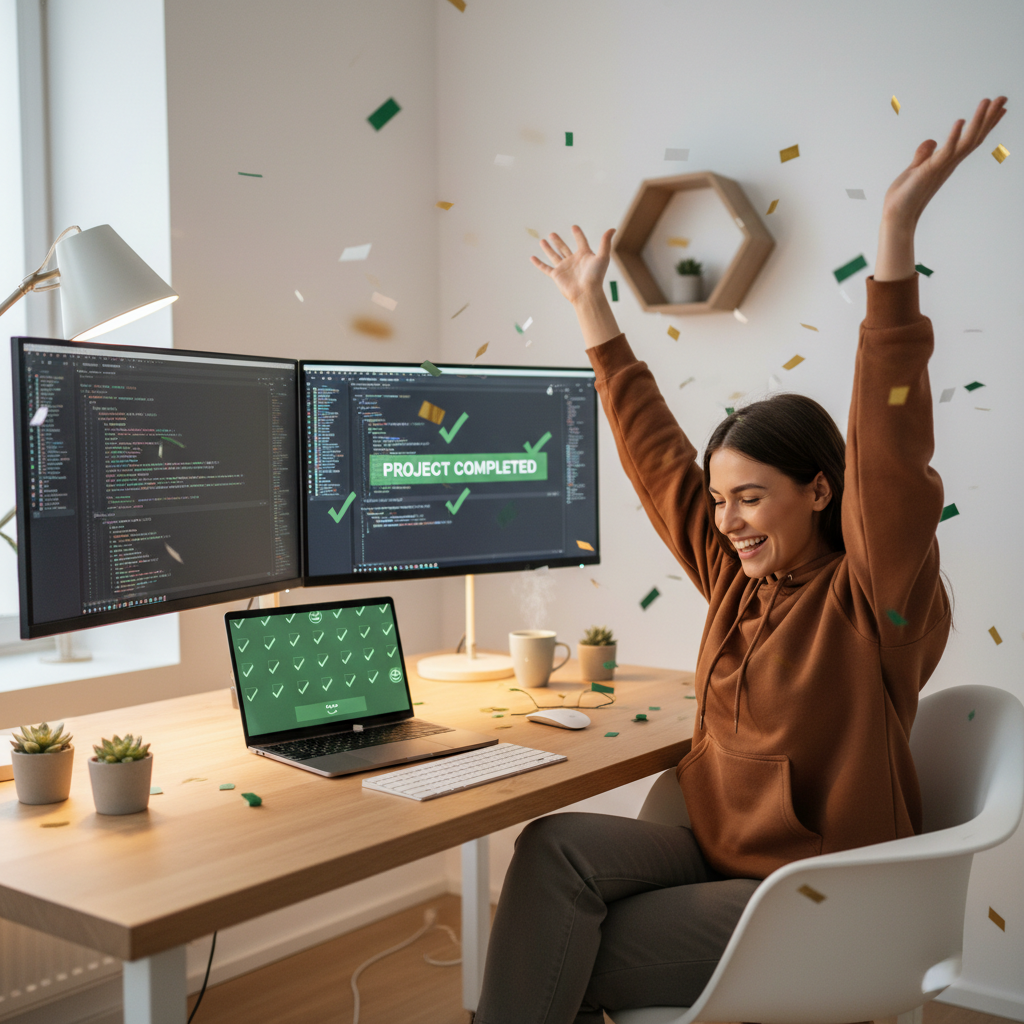 Developer workspace with completed code project on screen, coffee cup, and acceptance notification glowing on phone