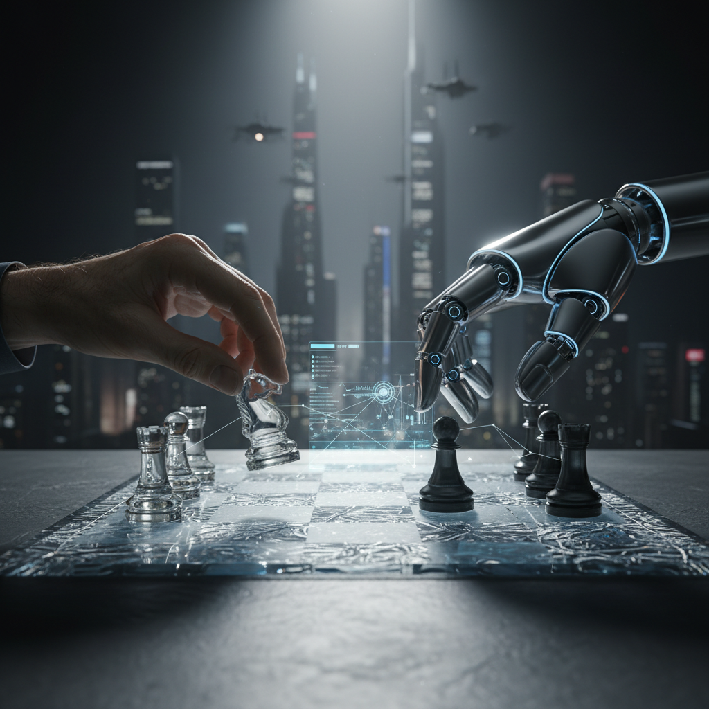 Futuristic chess match between human hand and robotic AI arm representing the competition between workers and artificial intelligence