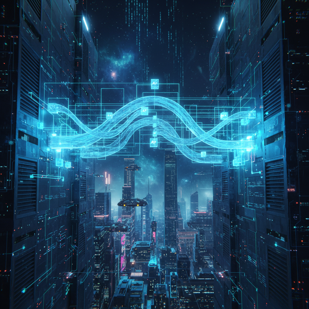 Glowing interconnected nodes and data streams forming a bridge between two server towers, representing API communication