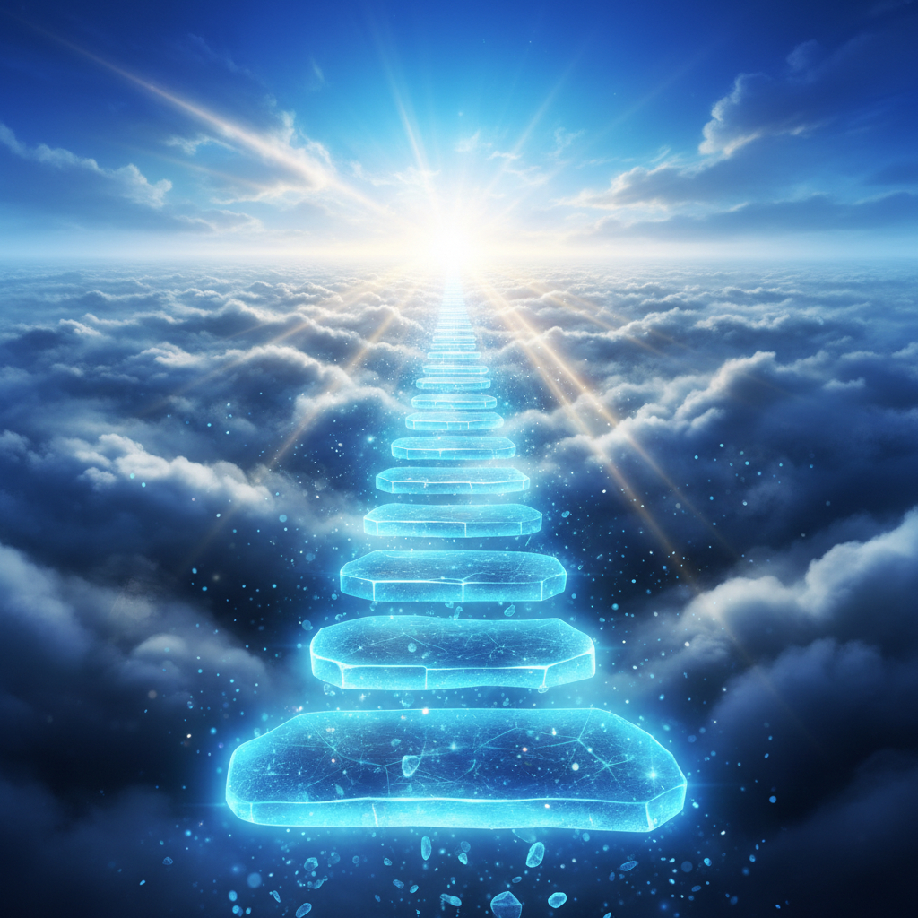 Digital pathway ascending through cloud infrastructure toward glowing Microsoft Azure certification badges