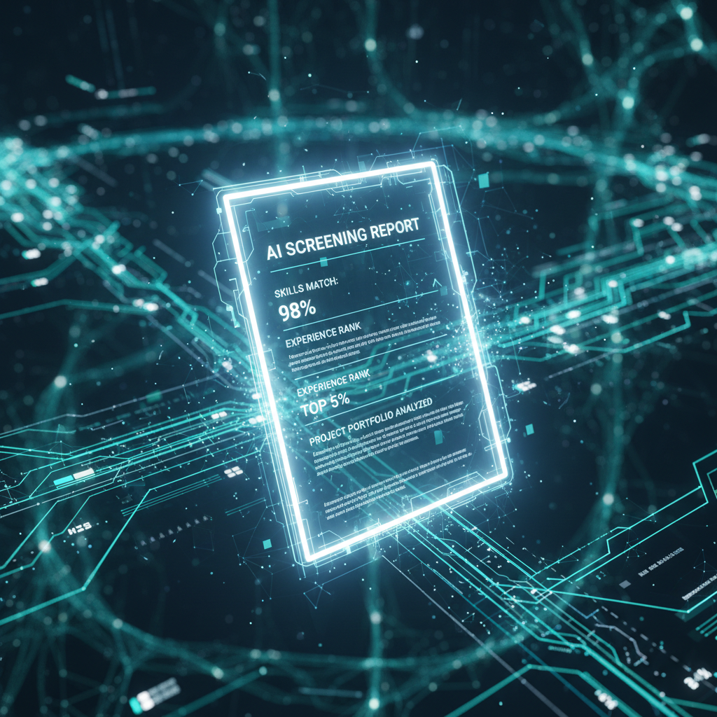 Digital resume floating through neural network pathways representing AI screening technology