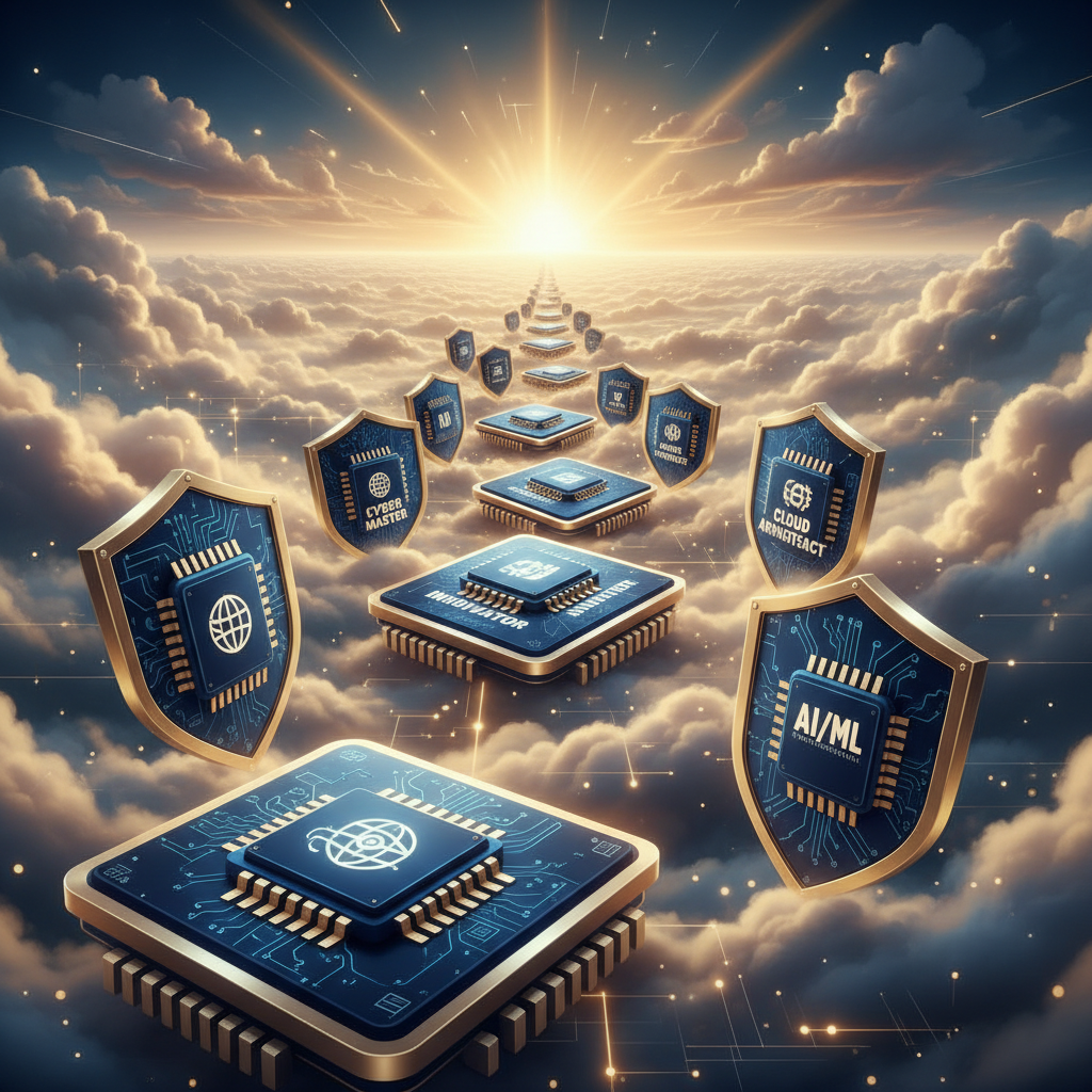 IT certification badges and credentials ascending like stepping stones toward a bright horizon, representing career growth