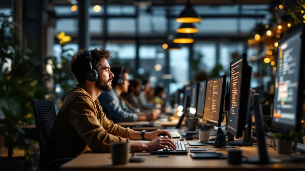 Software developers working at modern computers with code displayed on multiple monitors in a collaborative workspace