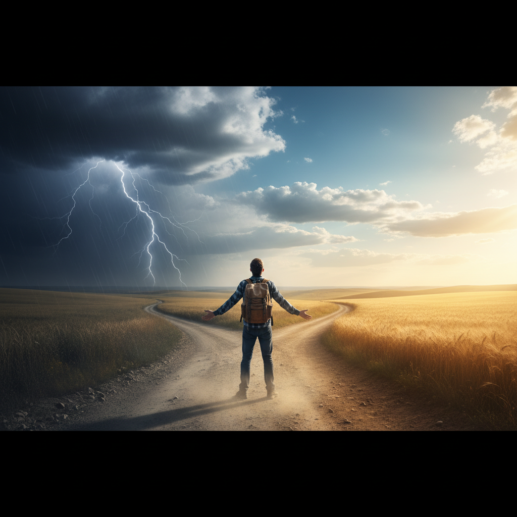 Person standing at a crossroads with one path leading to storm clouds and another toward bright sunshine representing interview recovery choices