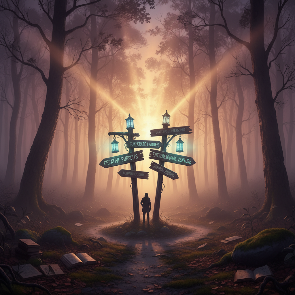 Two diverging paths through a forest, one structured and paved, the other winding and natural, representing bootcamp versus self-taught learning journeys