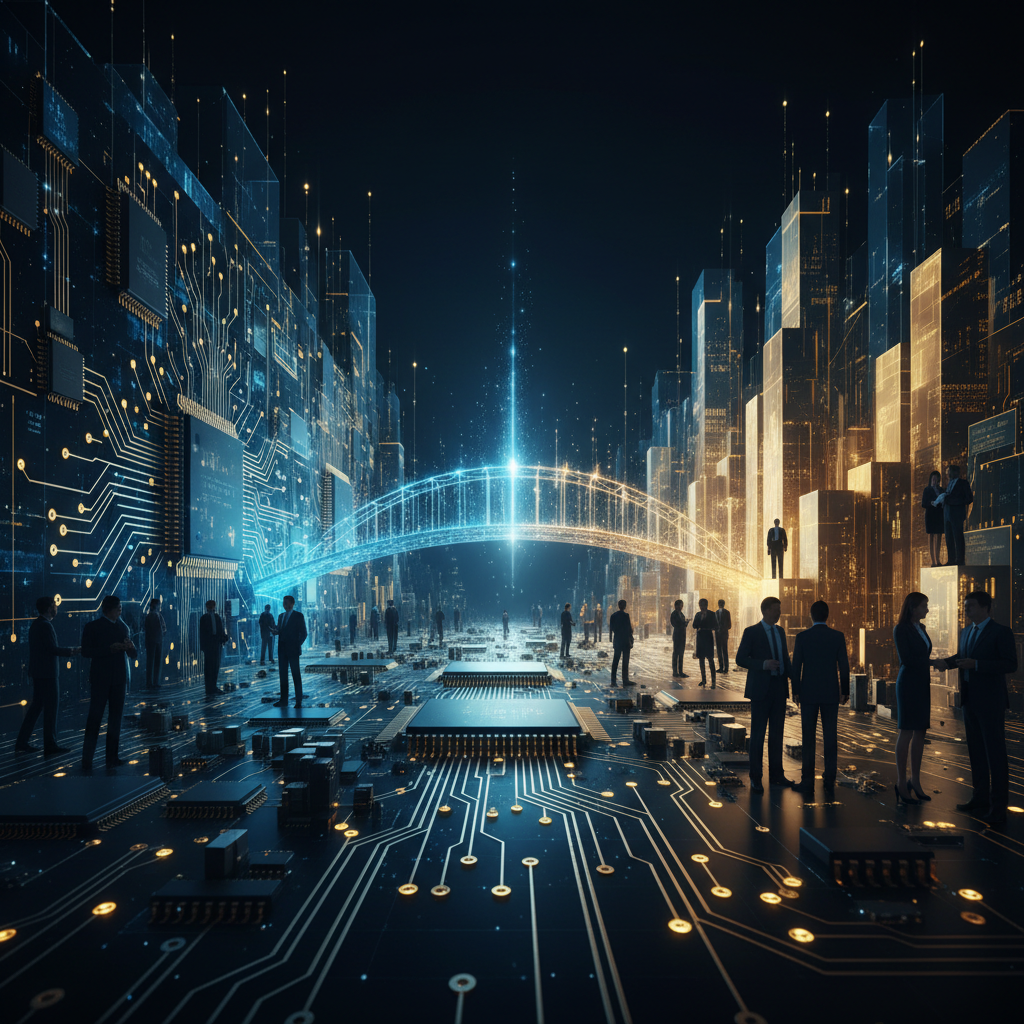 Professional standing at crossroads between technical diagrams and business charts with a bridge forming between them