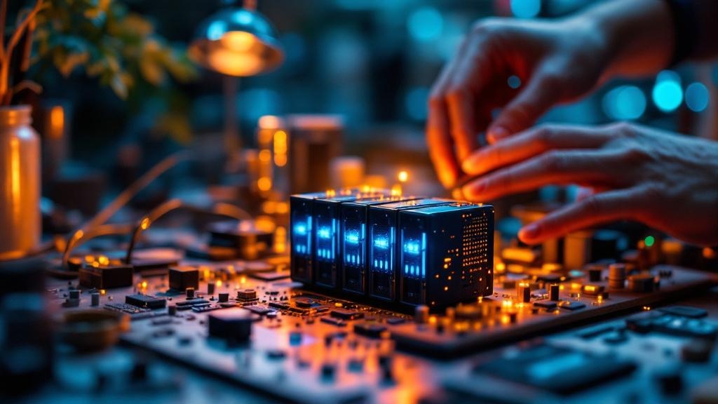Miniature glowing server rack being assembled on a workshop bench with warm amber and cool blue lighting, capturing the DIY maker spirit of home labs