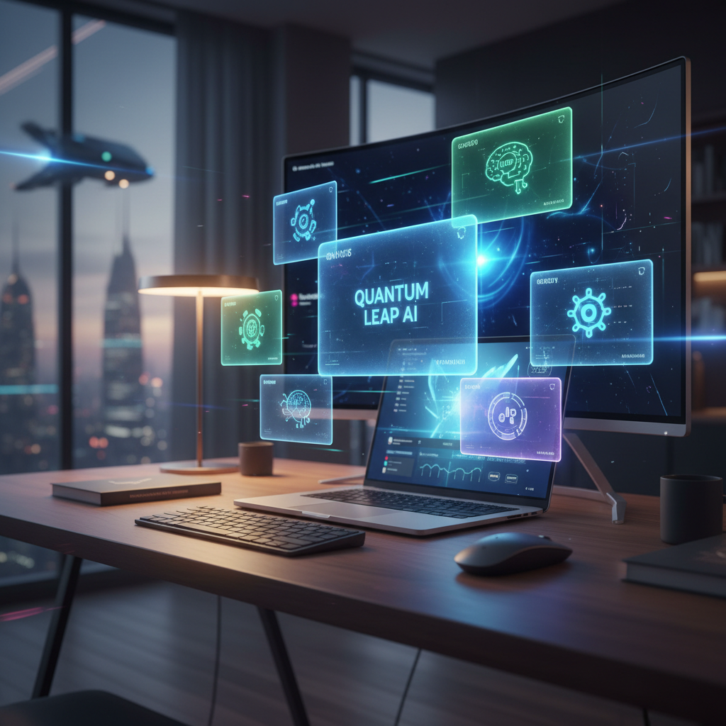 Digital showcase with glowing project cards and certificates floating in a professional workspace