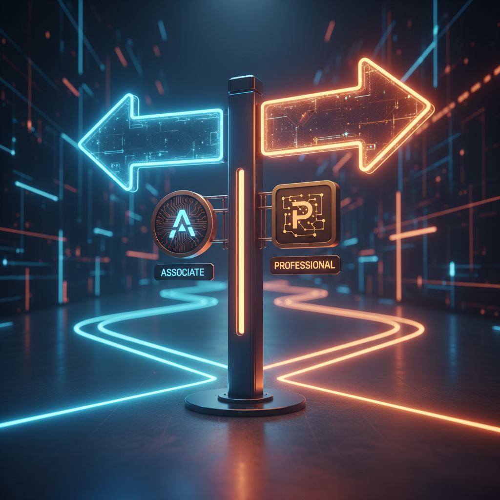 Two certification badges side by side - one bronze CCNA and one gold CCNP - with networking equipment in the background