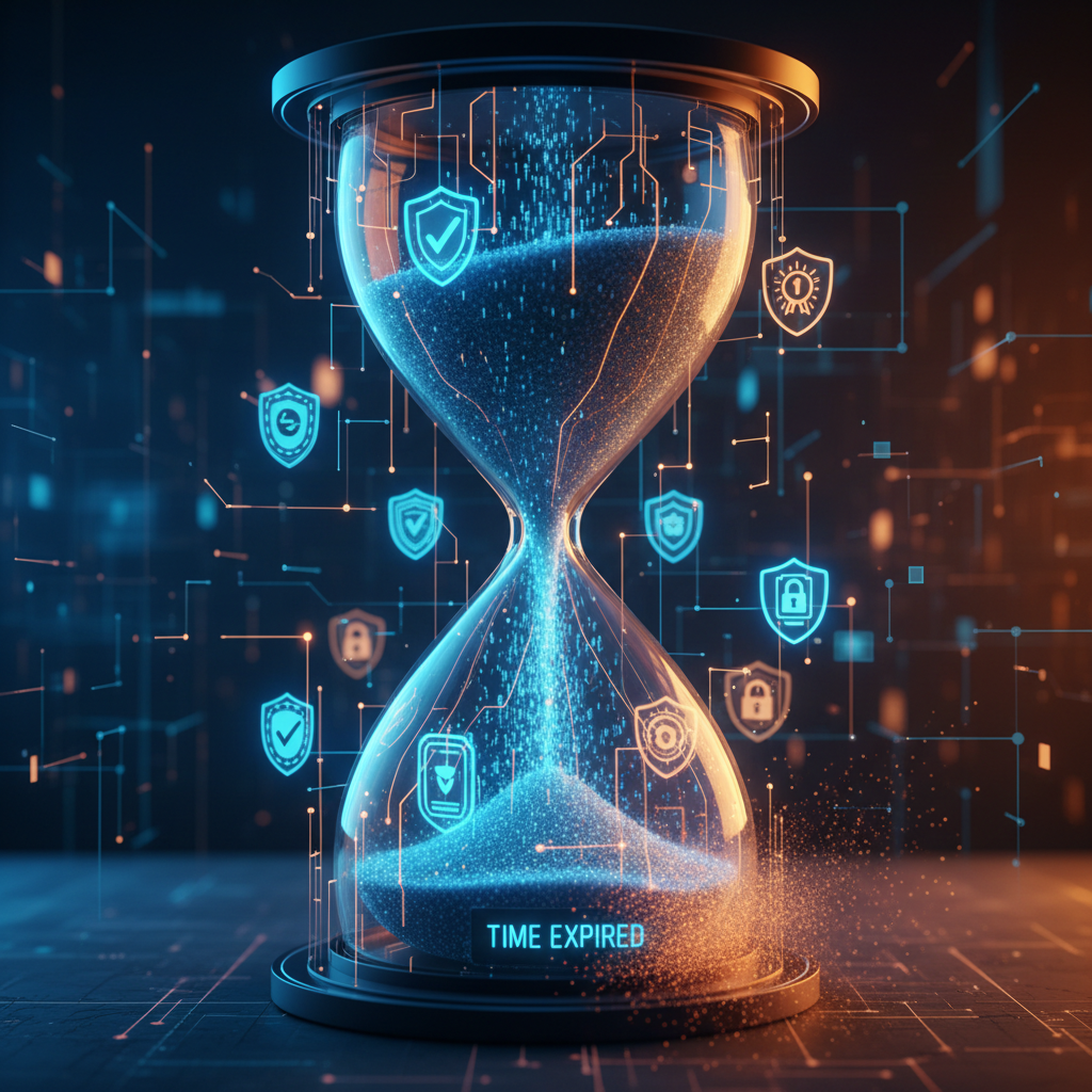Hourglass with digital certification badges flowing through it, representing expiring credentials and time pressure