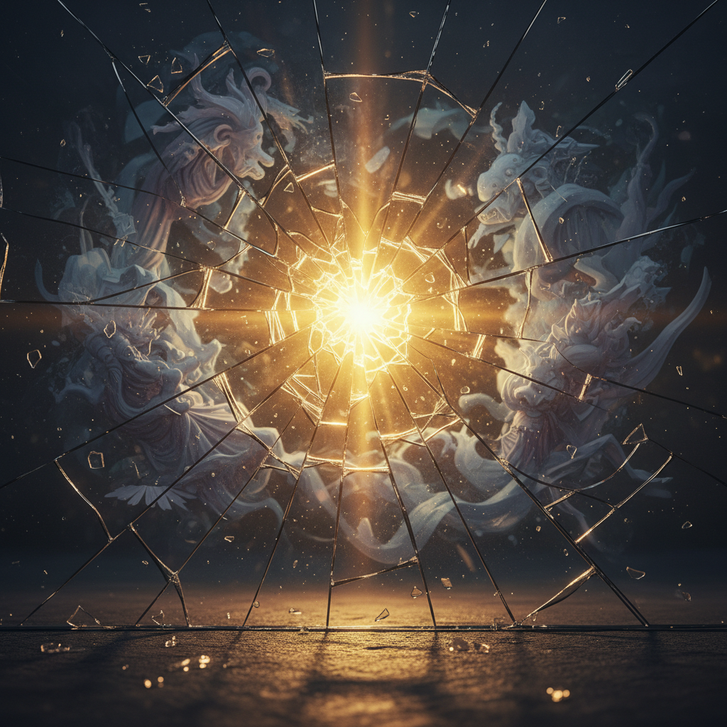 Shattered glass revealing truth behind certification marketing illusions, symbolic breakthrough moment