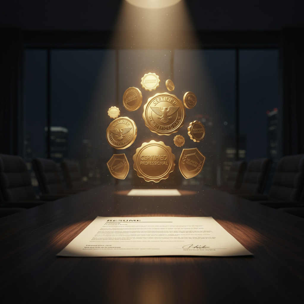 IT certifications displayed as golden badges being strategically arranged on a professional resume document