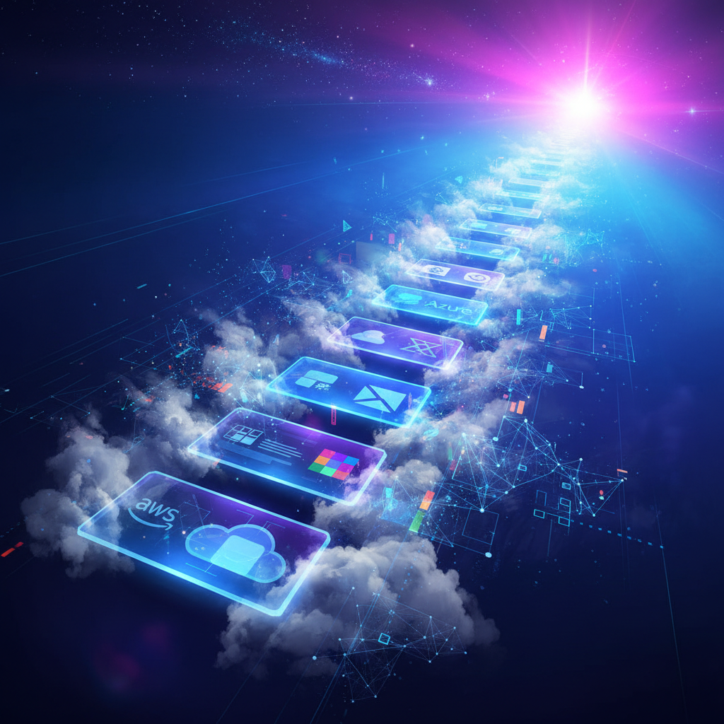 Multiple cloud certification badges forming an ascending pathway through digital clouds toward career success