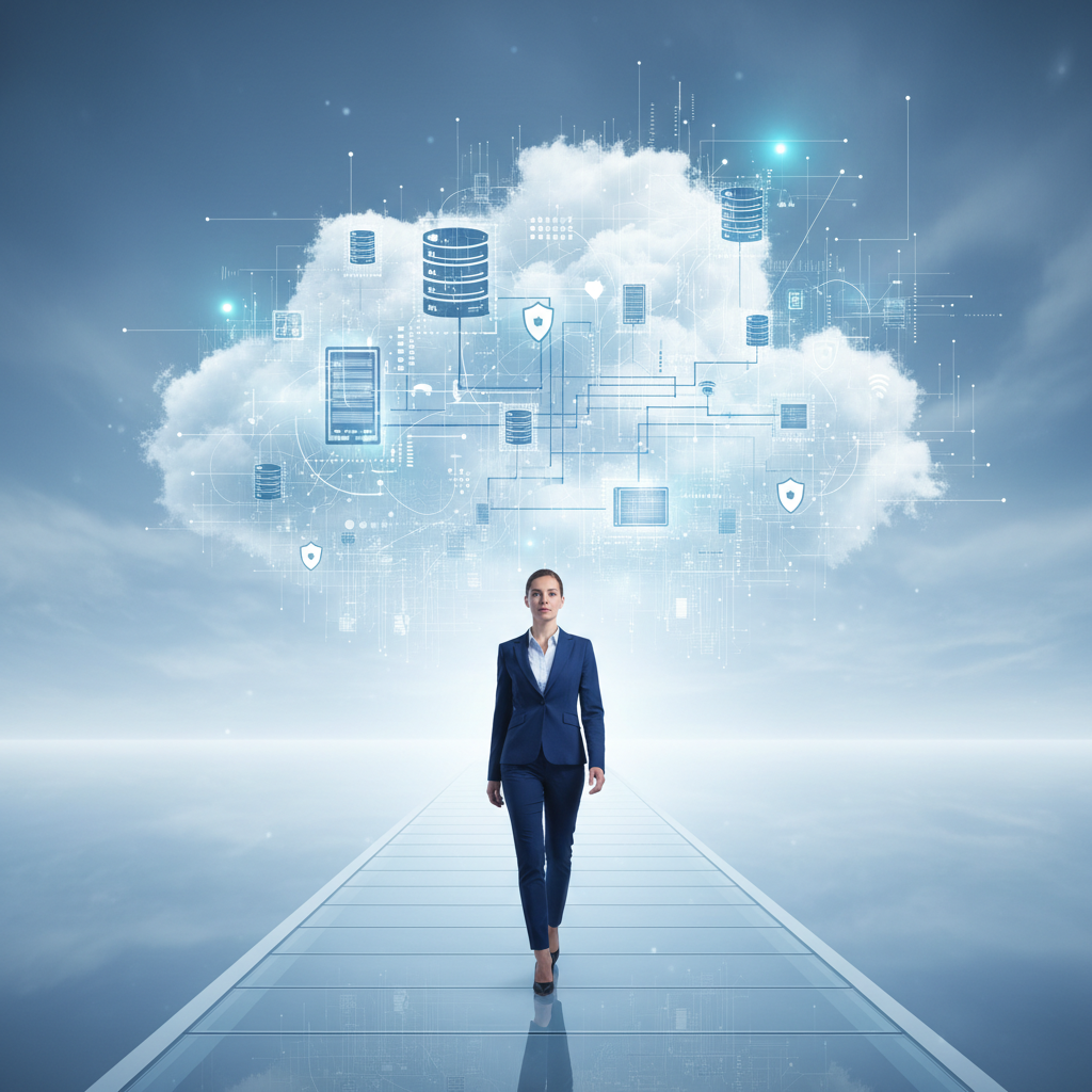 Cloud architecture diagrams flowing between interviewer and candidate with glowing data streams