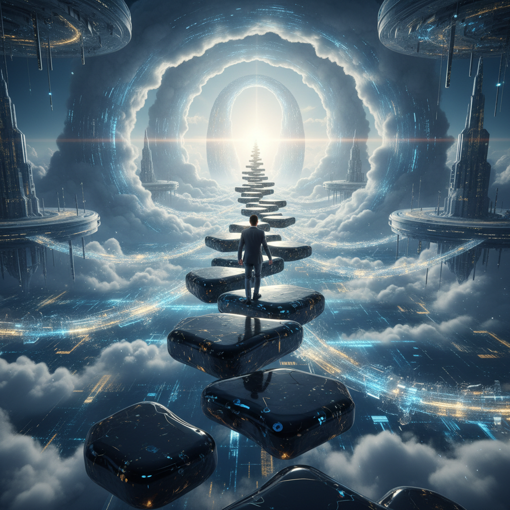 Ascending pathway through cloud architecture leading to glowing opportunity ahead