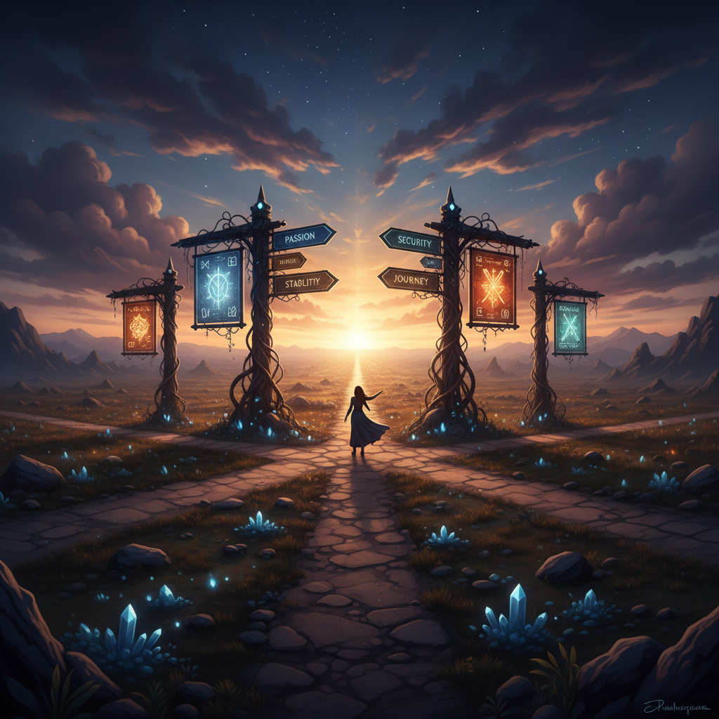 Crossroads with illuminated signposts pointing different directions against a dramatic twilight sky, symbolizing career decision choices