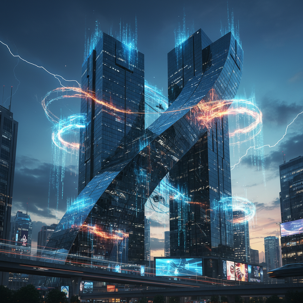 Corporate buildings merging together with digital networks and data streams flowing between them