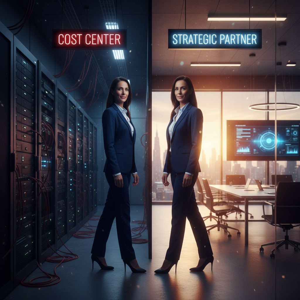 IT professional standing tall with glowing digital infrastructure flowing behind them while executives in suits look on skeptically