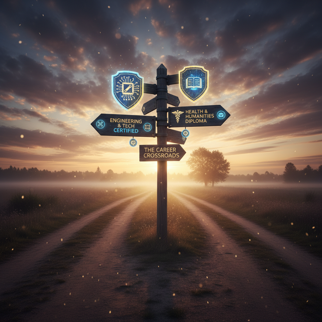 Crossroads signpost with certification badges pointing different directions against dramatic sky
