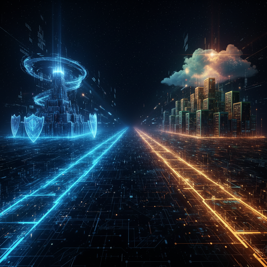Two diverging digital pathways - one leading to a fortress with shields representing cybersecurity, another to interconnected servers representing IT infrastructure