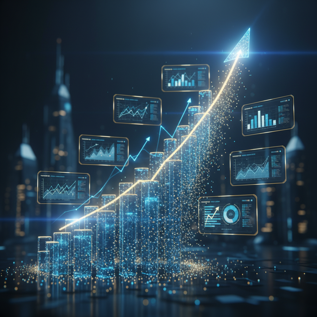 Data visualization flowing from a laptop into abstract charts and graphs representing analytics career growth