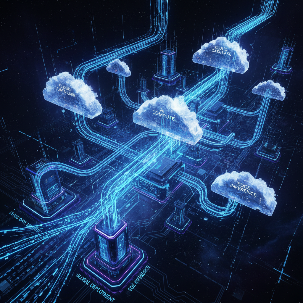 Modern infrastructure deployment visualization with interconnected pipelines and cloud architecture