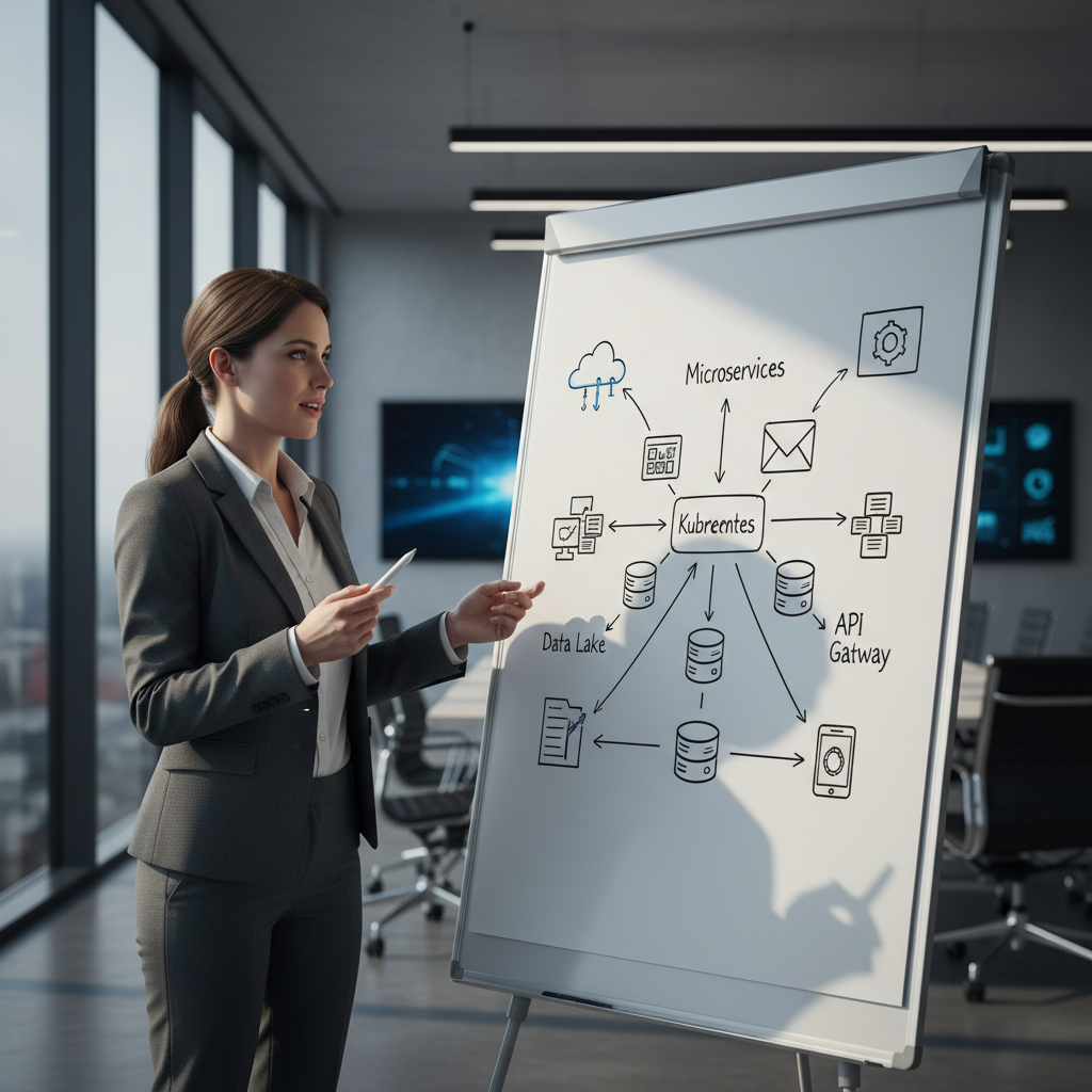 Technical interview setting with infrastructure diagrams and code flowing between interviewer and candidate