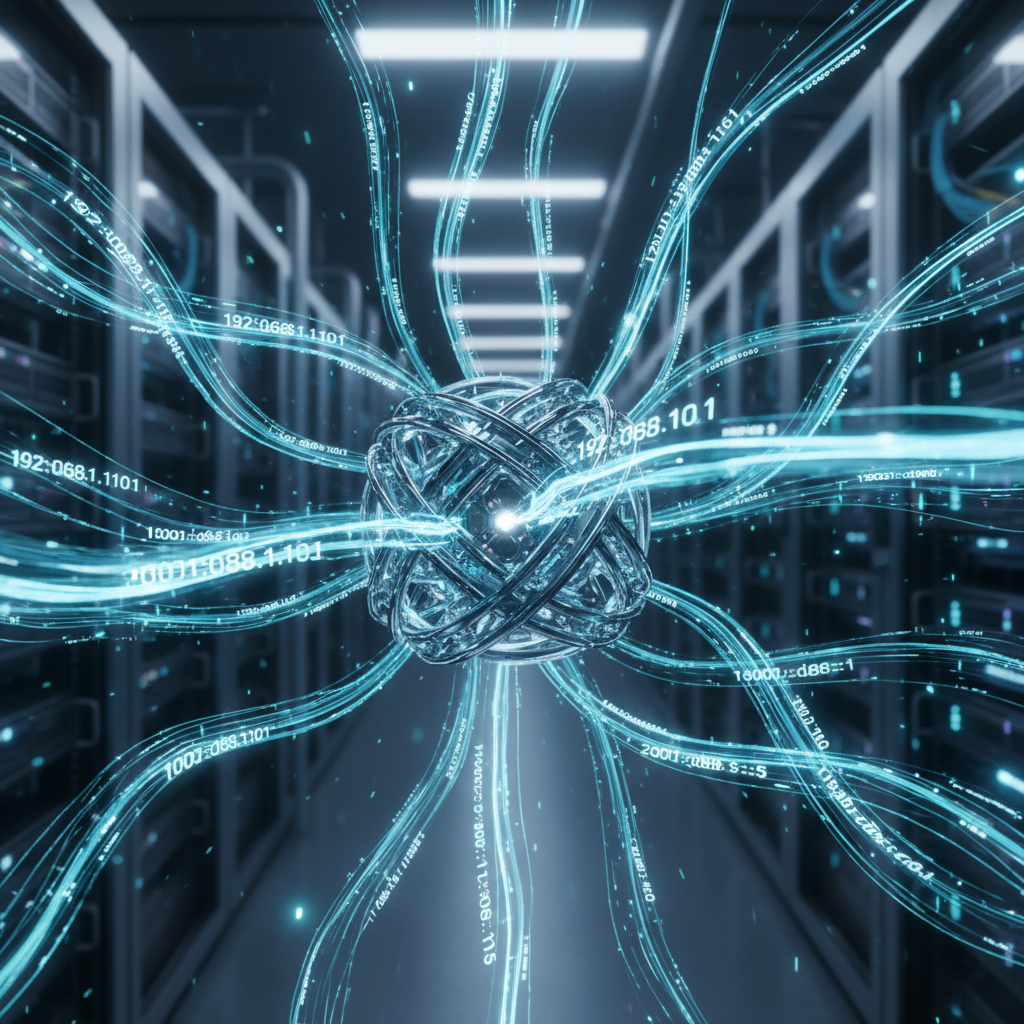 Network data streams converging at a central hub with glowing IP address assignments flowing outward