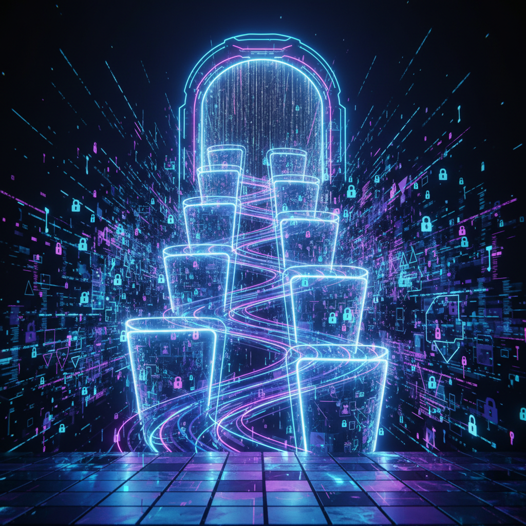 Abstract digital shield transforming into stepping stones ascending through a neon circuit landscape