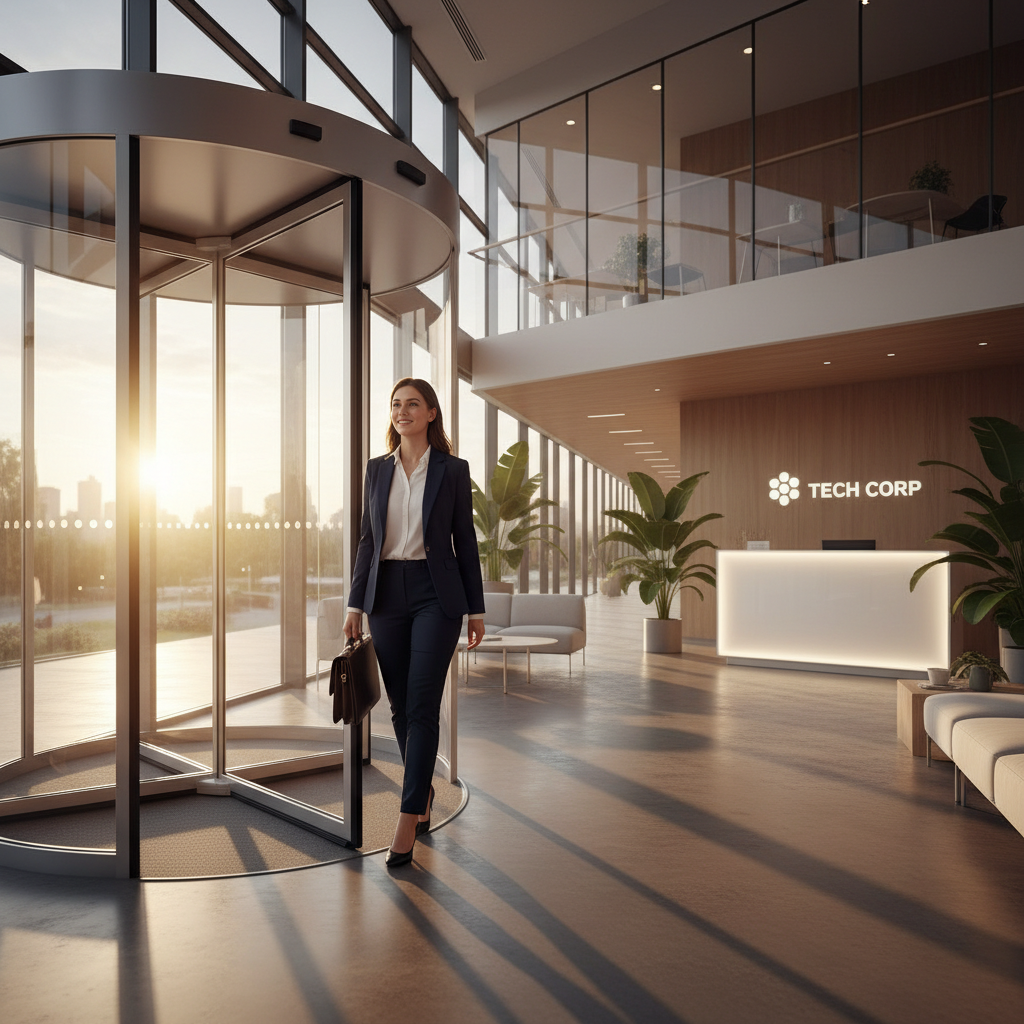 Professional entering modern tech office building representing new IT career opportunity