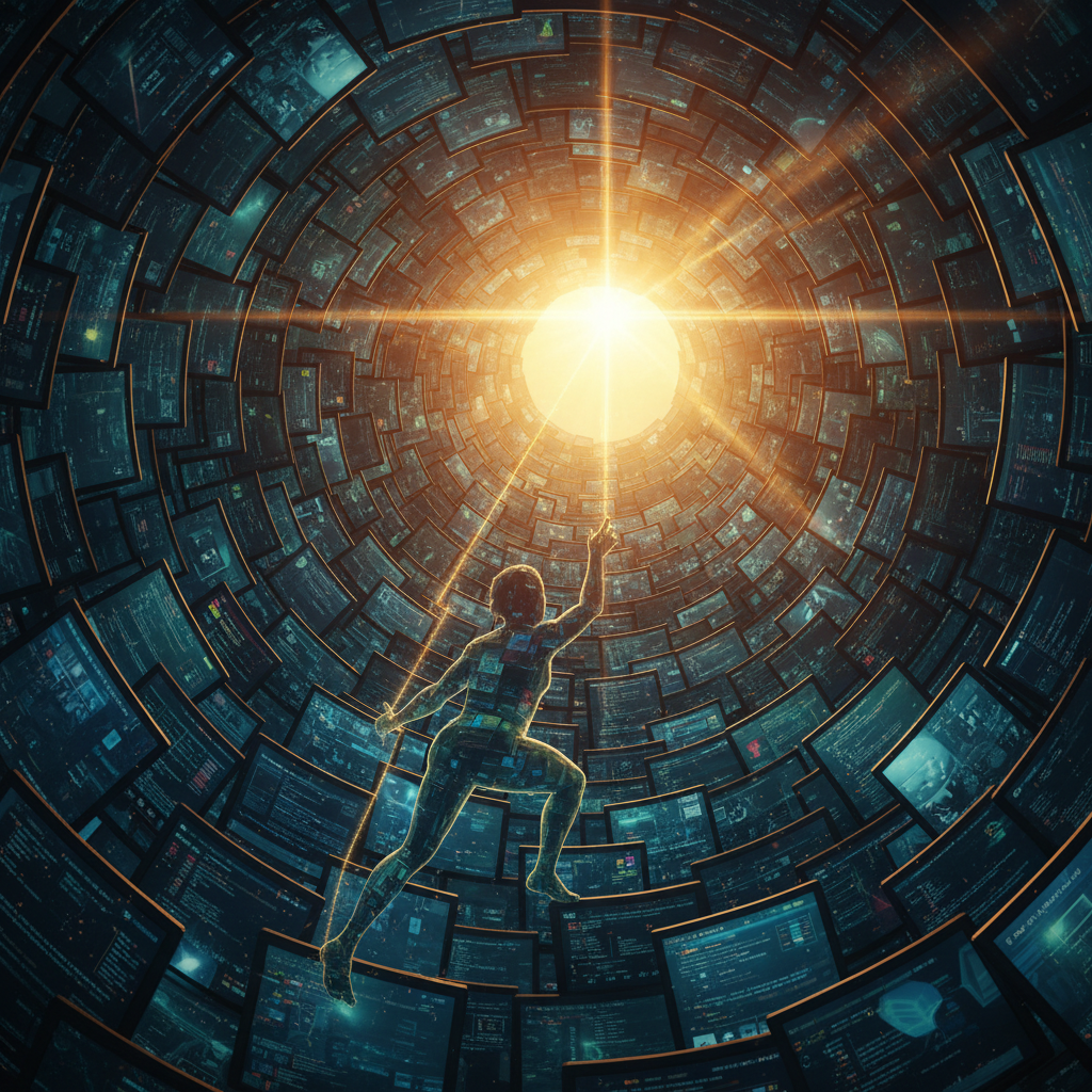 Person climbing out of a deep spiral pit of screens and monitors toward bright sunlight, symbolizing breaking free from passive learning