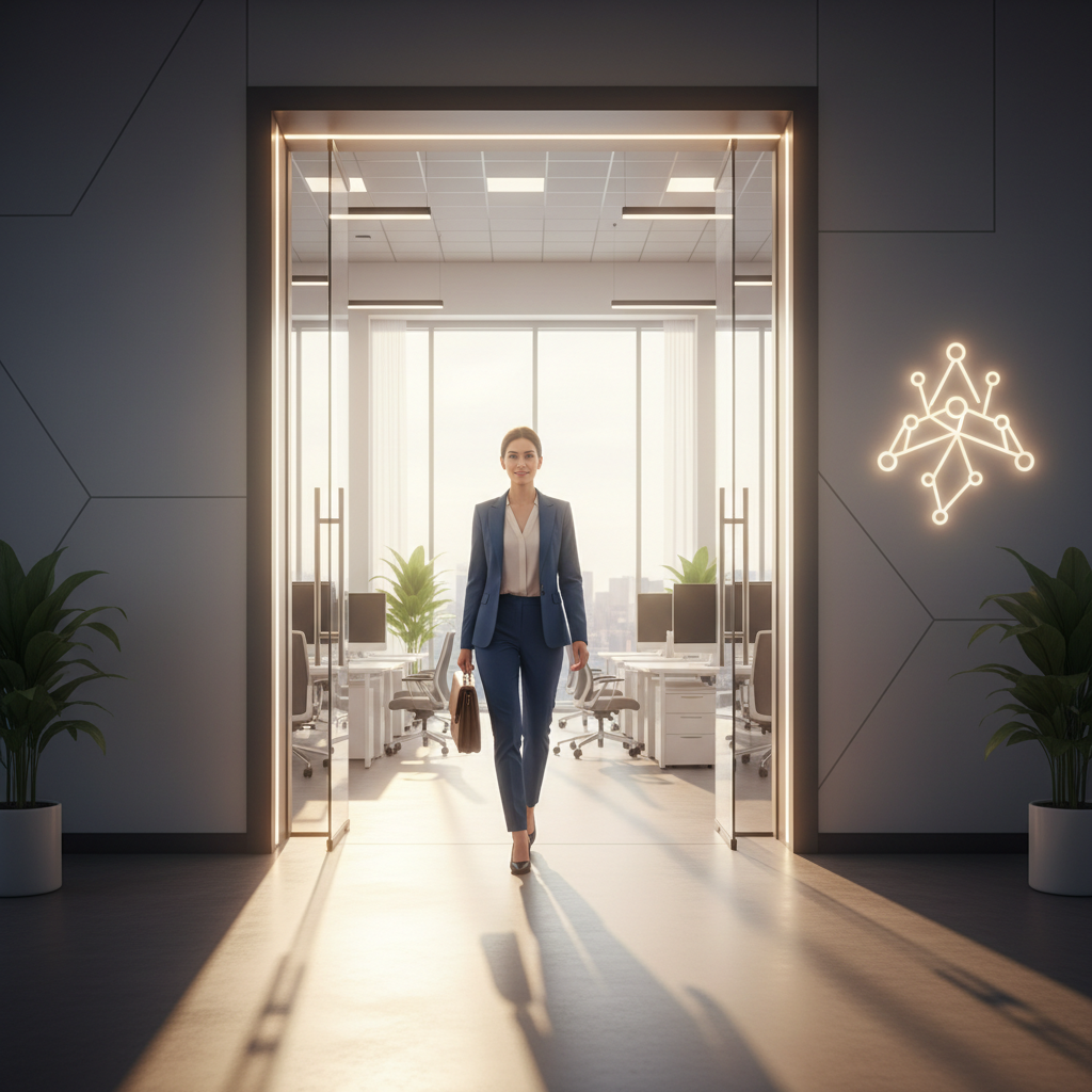 Professional stepping through an illuminated doorway into a bright tech workspace, symbolizing new career beginnings