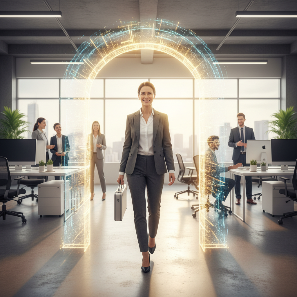 New IT professional walking confidently through a glowing digital doorway into a modern tech office environment