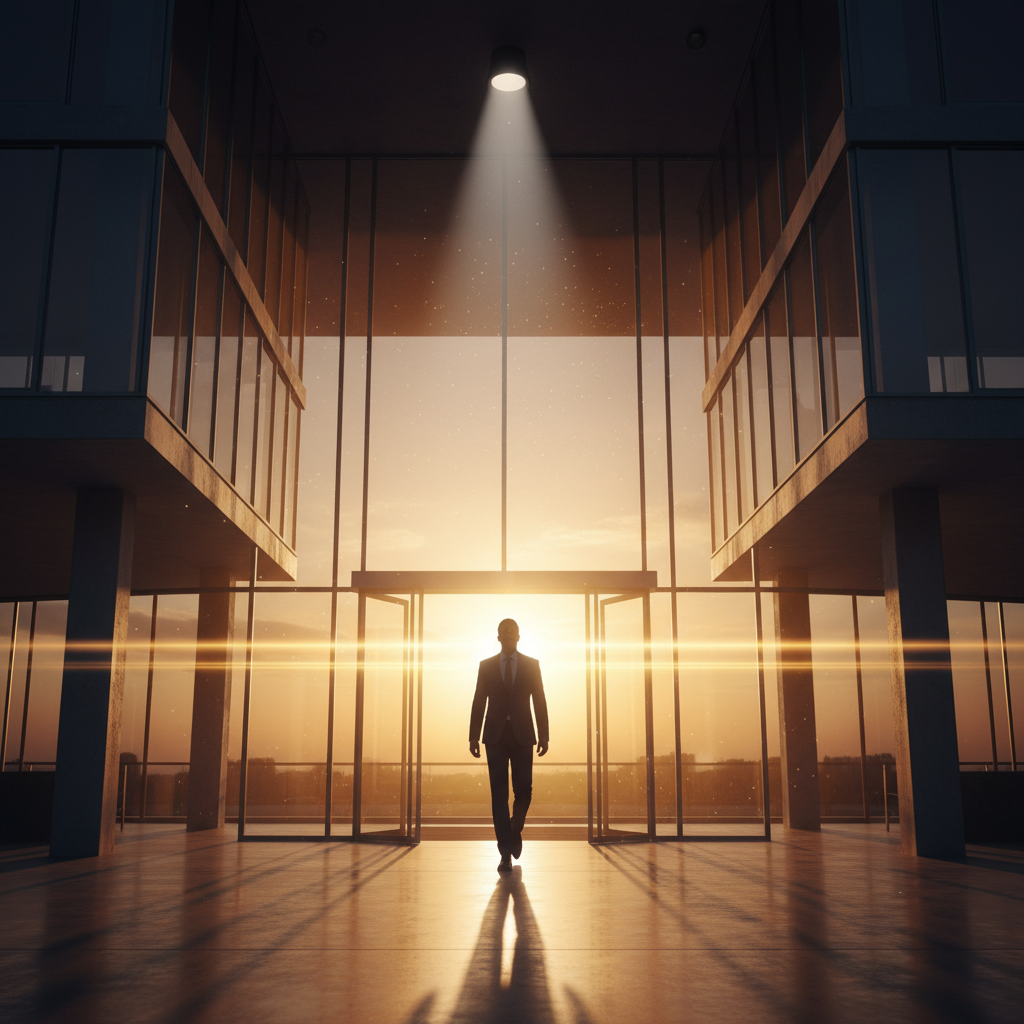 Professional entering modern office building through glass doors with morning light streaming in, representing the critical first moments of an interview