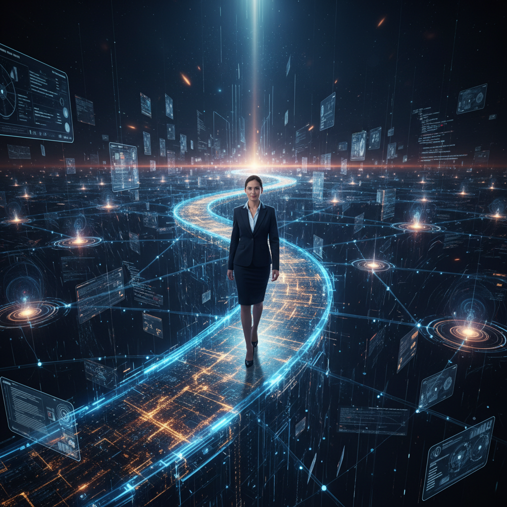 Professional stepping confidently onto a glowing pathway leading through a complex digital project landscape