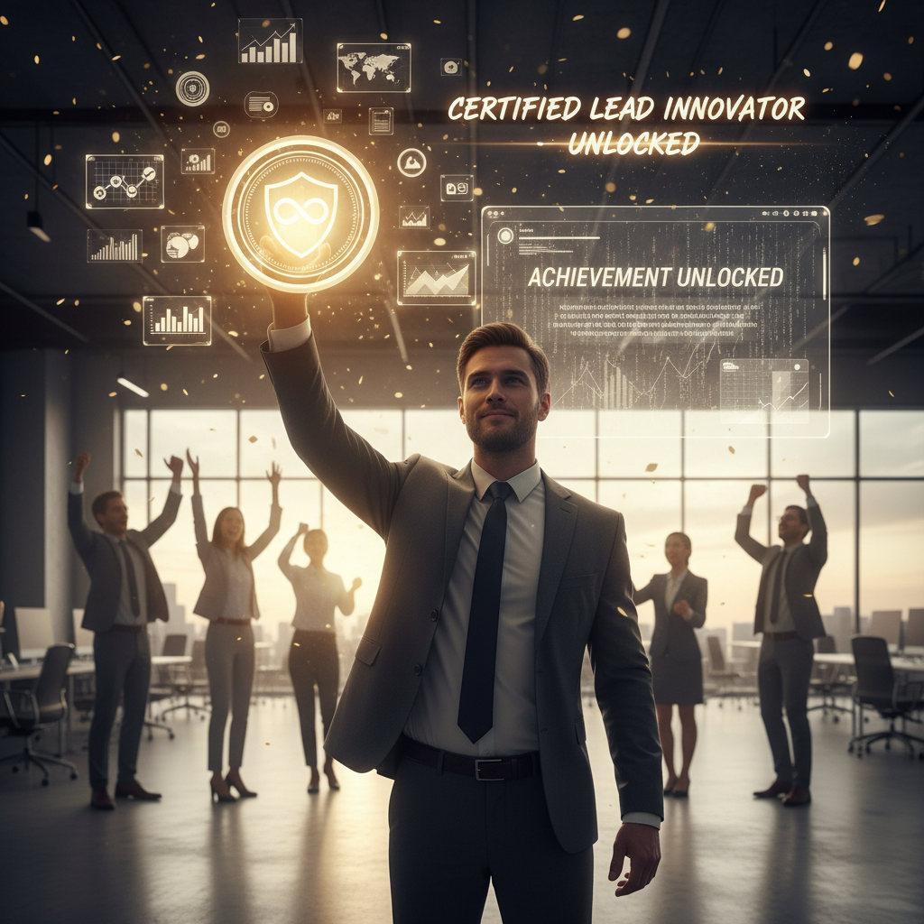 IT professional celebrating achievement with digital certification badges floating around them