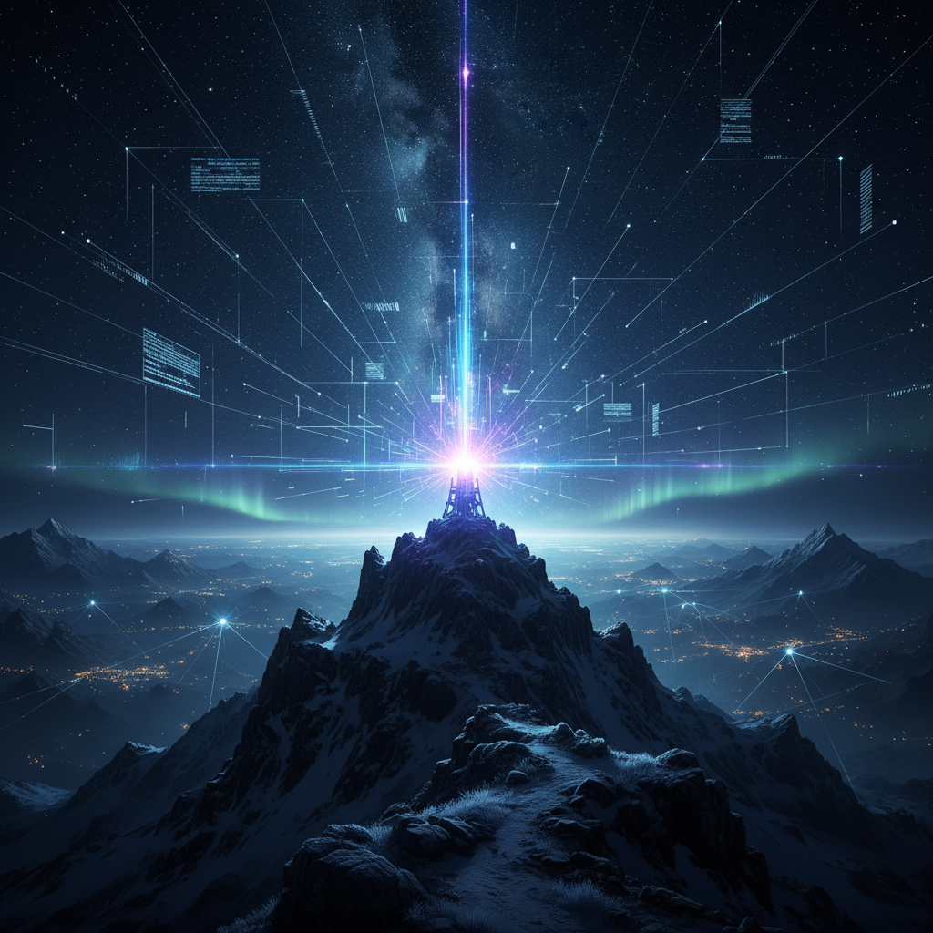 Glowing signal beacon on a mountain peak at night with digital connection lines radiating outward