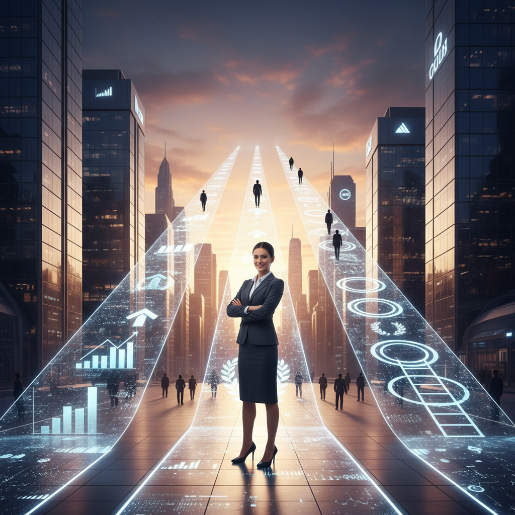 Professional ascending illuminated glass staircase in modern corporate building symbolizing career advancement