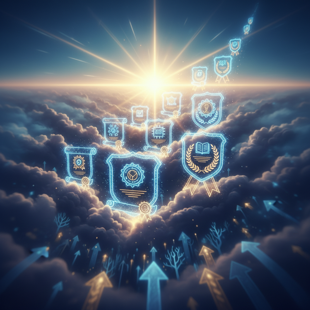 Glowing certification badges ascending through clouds toward a bright horizon representing Google Cloud career progression