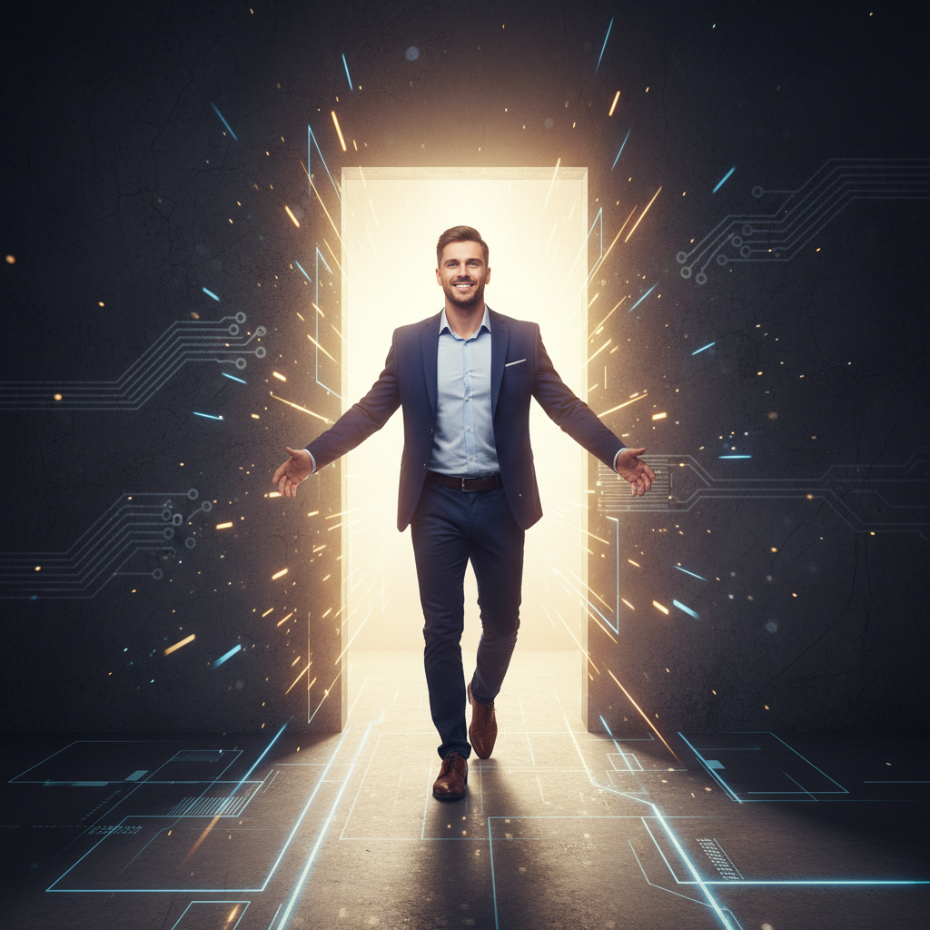 Person confidently walking toward an open door with digital circuitry patterns, representing entry into IT career