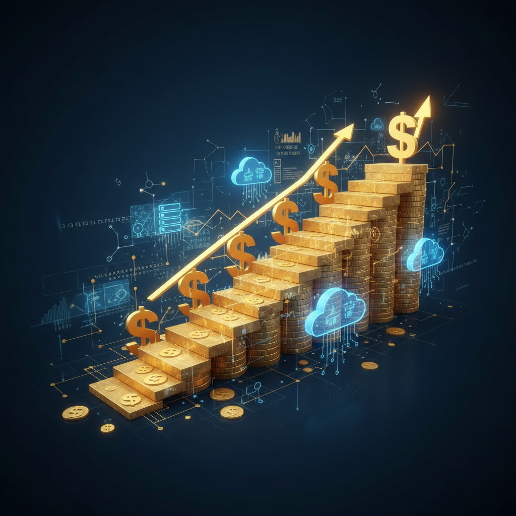 Golden ascending bar chart with technology icons representing IT salary growth