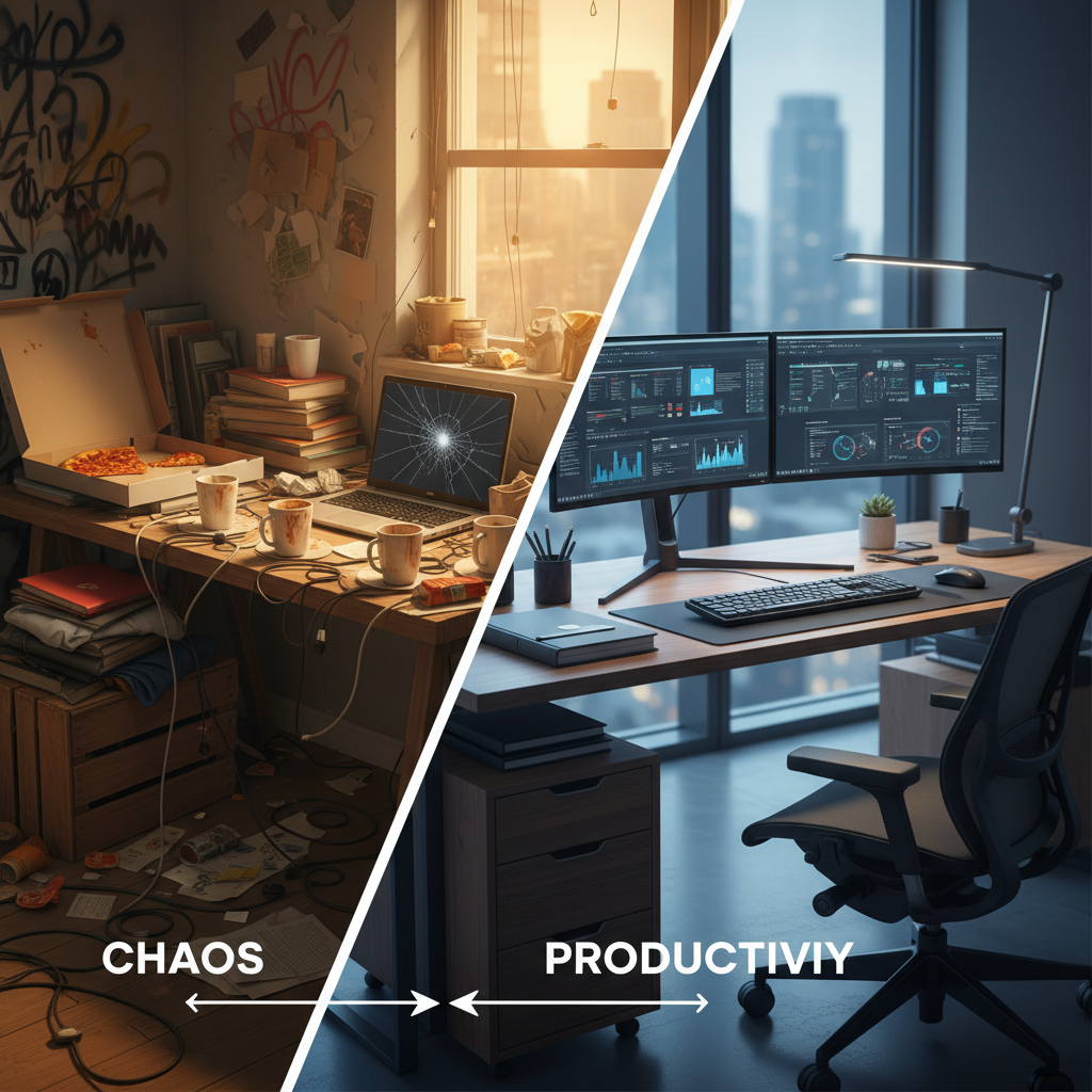 Professional home office setup with dual monitors, ergonomic chair, and proper lighting for remote IT work