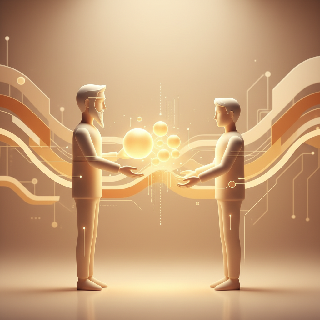 Two professionals in collaborative discussion with digital career pathway visualization between them