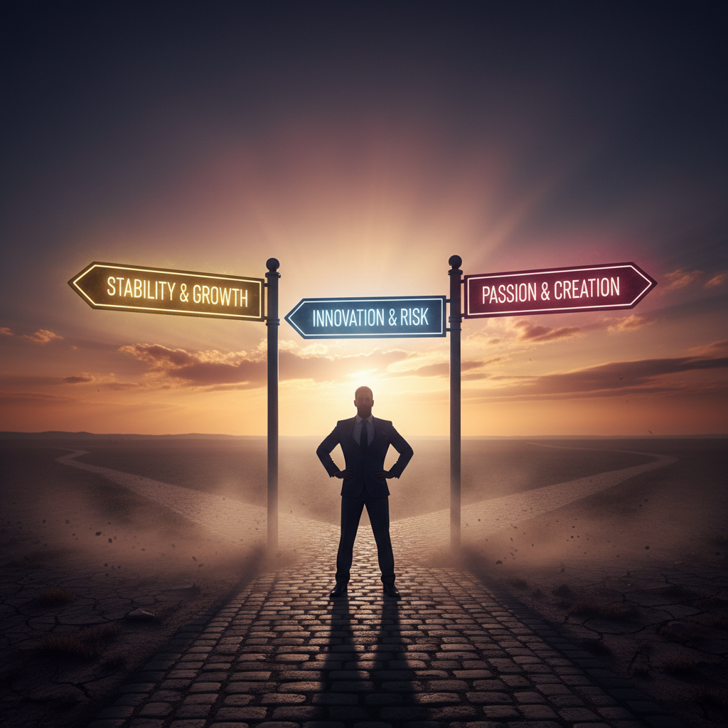 Professional standing at crossroads with multiple glowing pathway options, confident stance, dramatic lighting representing career choices and boundaries