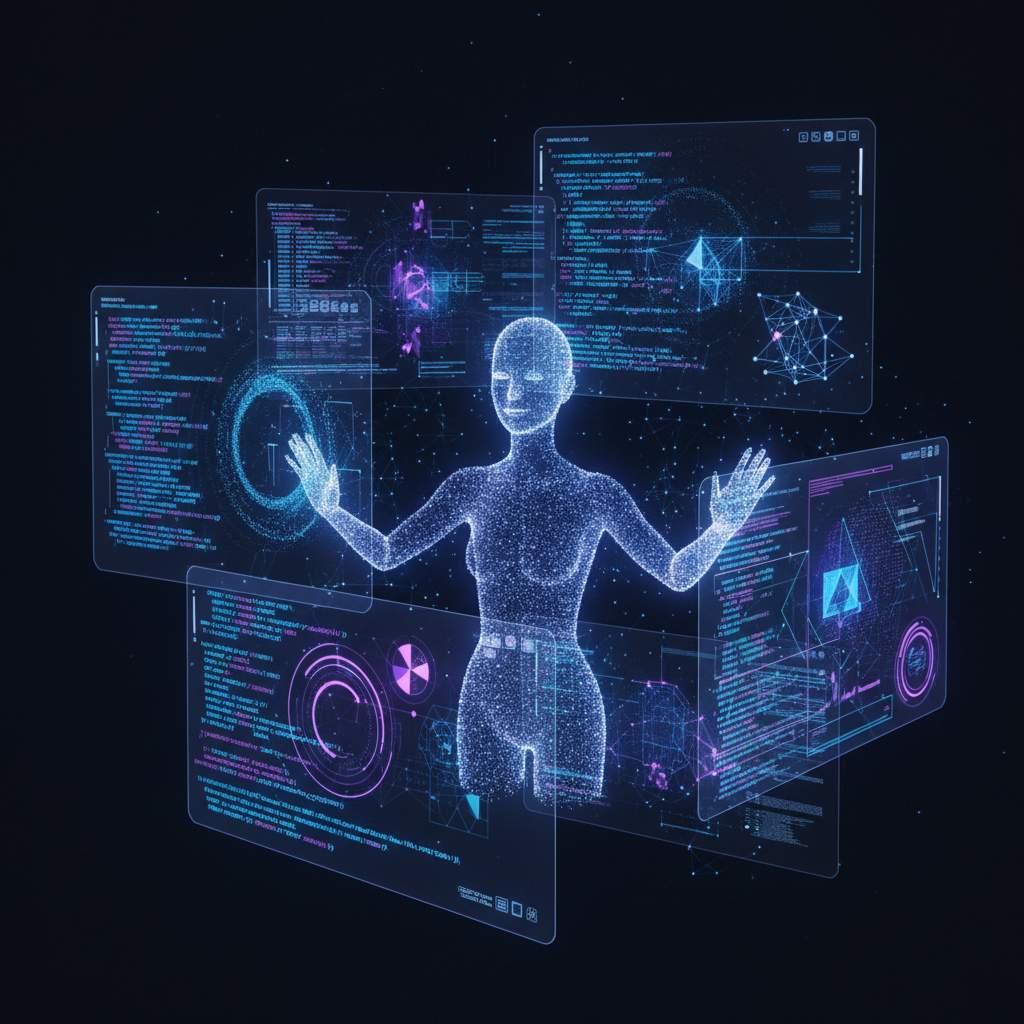 IT professional using AI assistant interface with code and terminal windows visible on multiple monitors