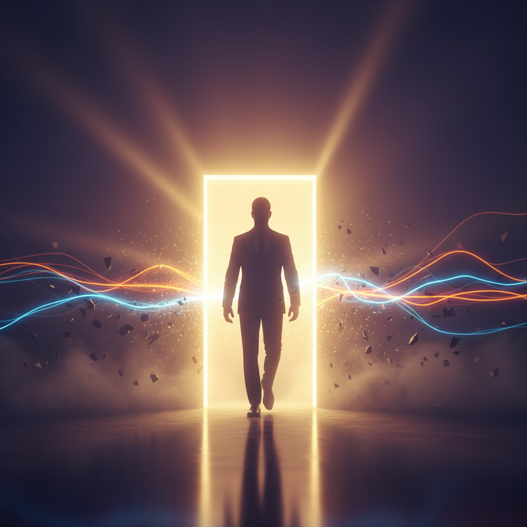 Professional breaking through a glass barrier with confidence, symbolic light emerging from cracks