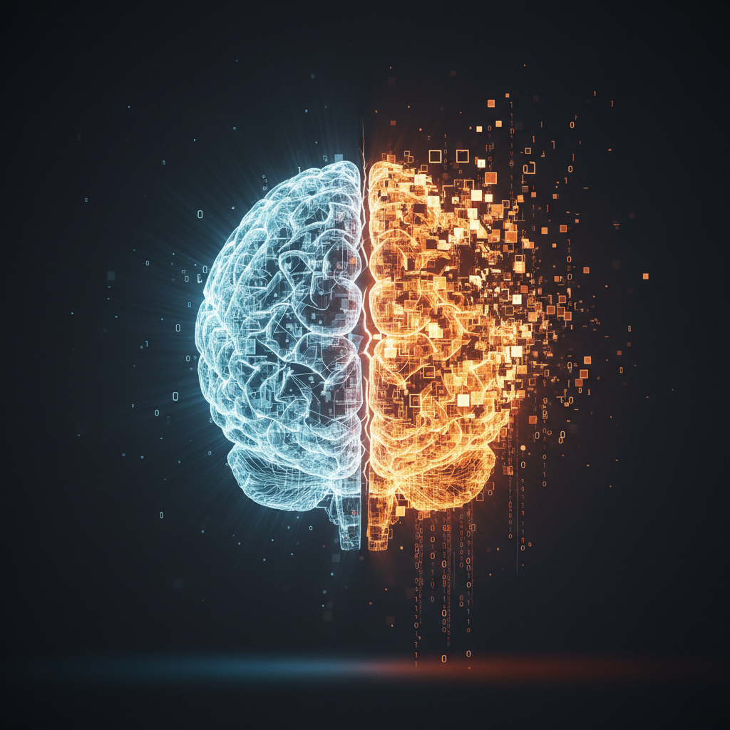 Human brain with circuit patterns fading on one side, representing IT skill erosion from AI dependency