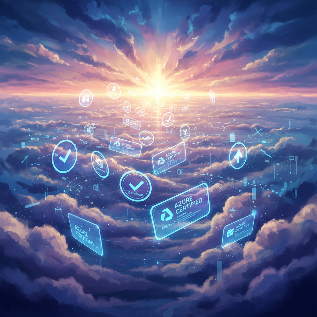 Azure cloud certification path visualization with glowing certification badges ascending toward career opportunities