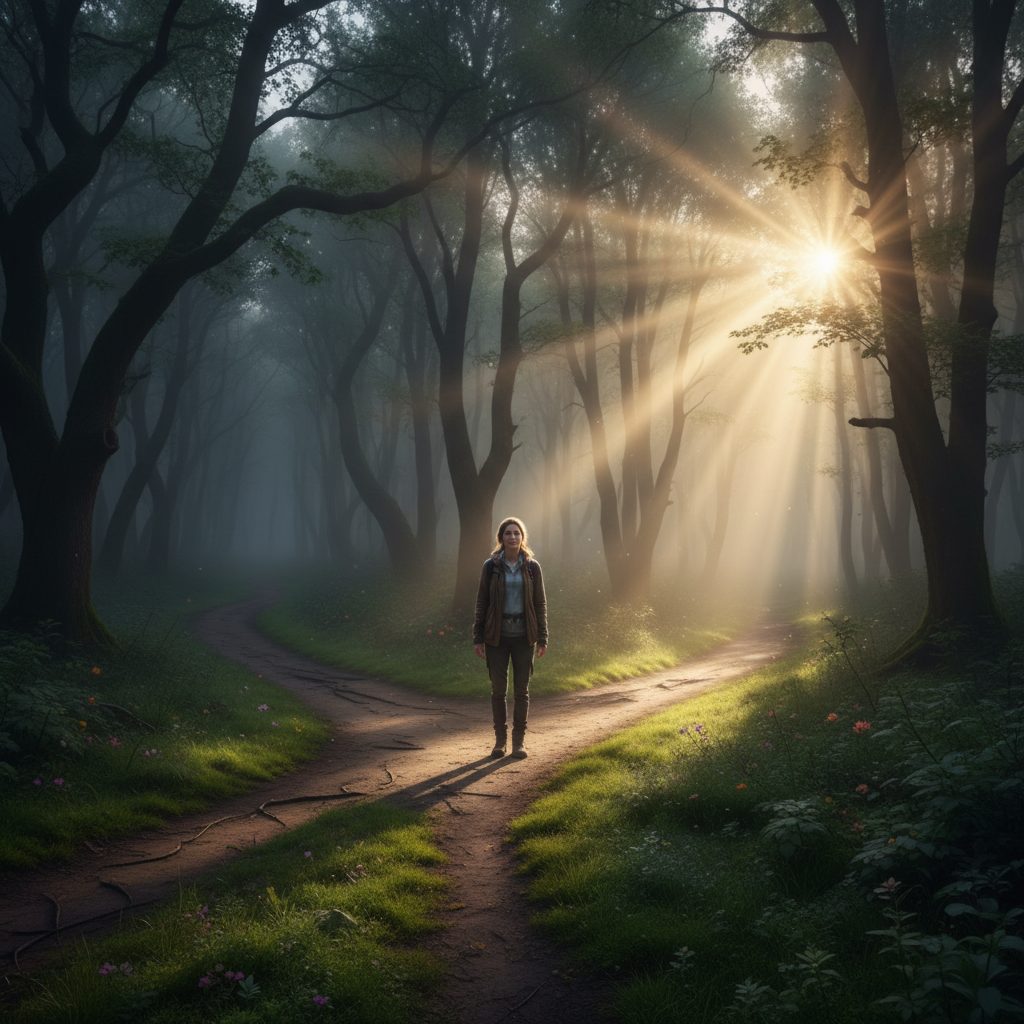 Professional emerging from darkness into light, symbolizing career recovery and renewal