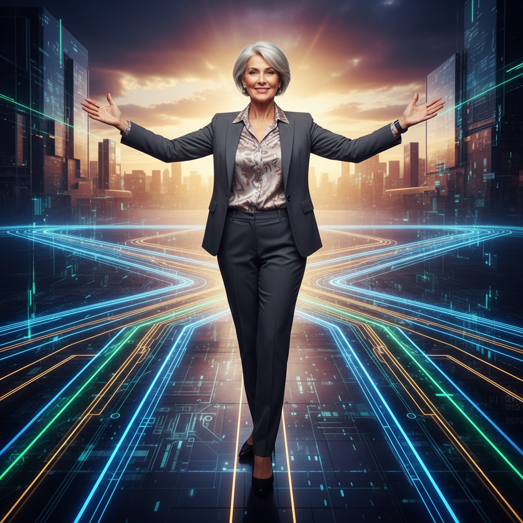 Experienced IT professional confidently leading a team meeting with holographic data displays, representing seasoned expertise in modern tech